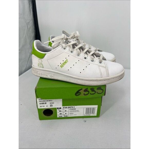 adidas Shoes - adidas White Stan Smith Sneakers with Green Heel Tab and Kermit Detail